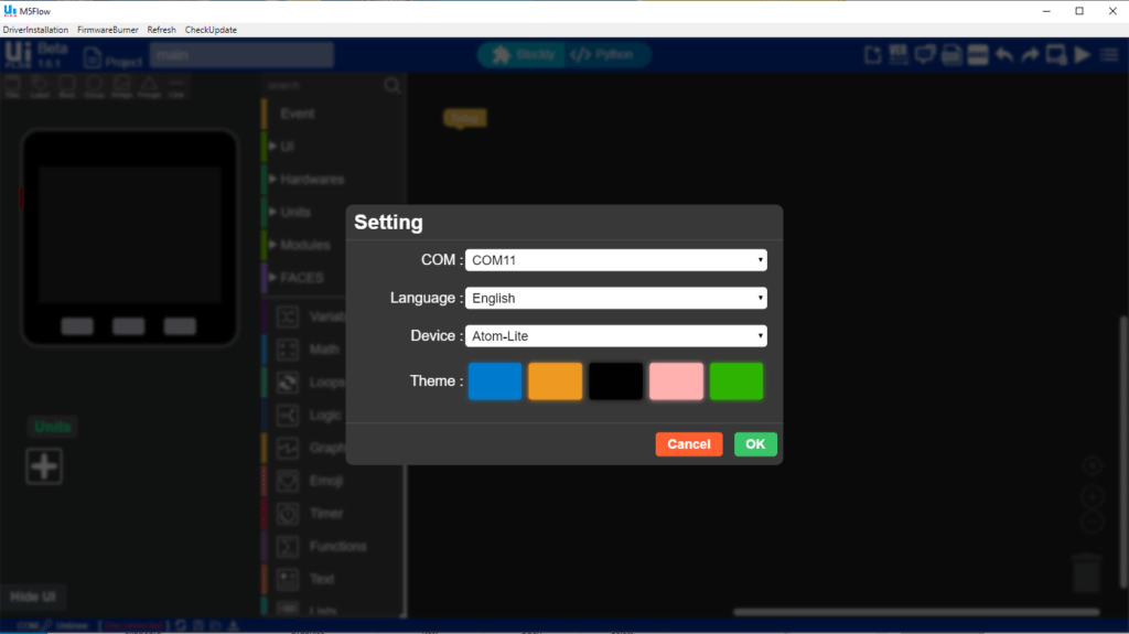 M5Stack Atom Lite and the UIFlow Programming environment
