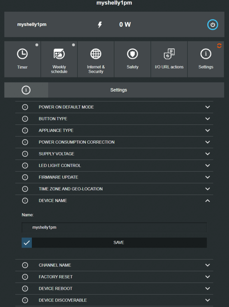 Shelly 1PM Web Interface