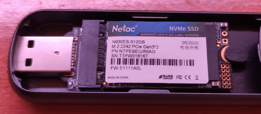 NETAC NVMe drive in a USB adaptor