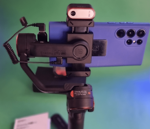 M6 Gimbal showing the AI gesture unit + RGB light