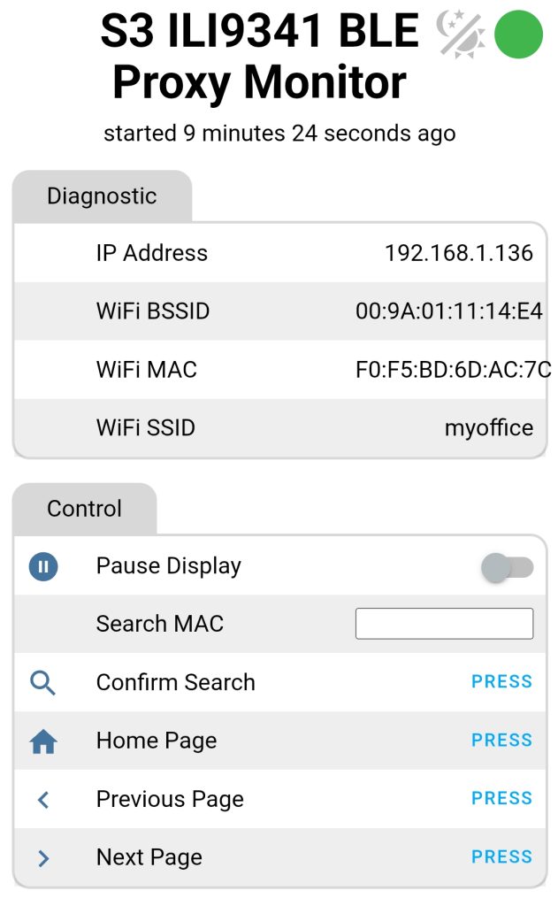 BLEProxy Monitor WebUI seen on a phone