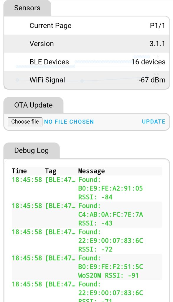 BLEProxy Monitor WebUI seen on a phone